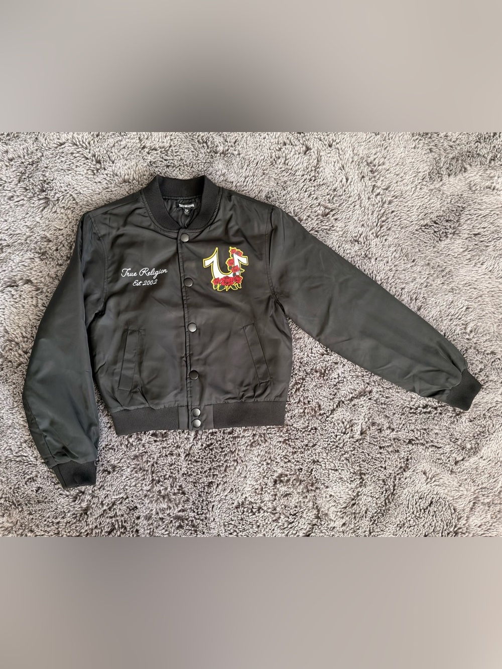 True Religion Black Bomber Jacket with Multicolor Crest Patch